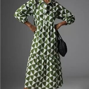 Maeve Bettina Dress | Green Geometric Patterned Dress | Medium | Anthropologie